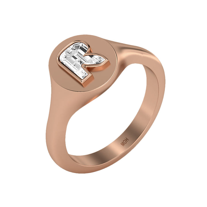 Alphabet 18K Rosegold Initial R Signet Ring w. Solitaire Lab-Grown Diamond