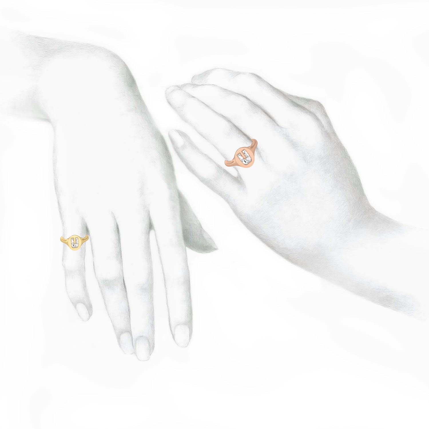 Alphabet 18K Rosegold Initial U Signet Ring w. Solitaire Lab-Grown Diamond