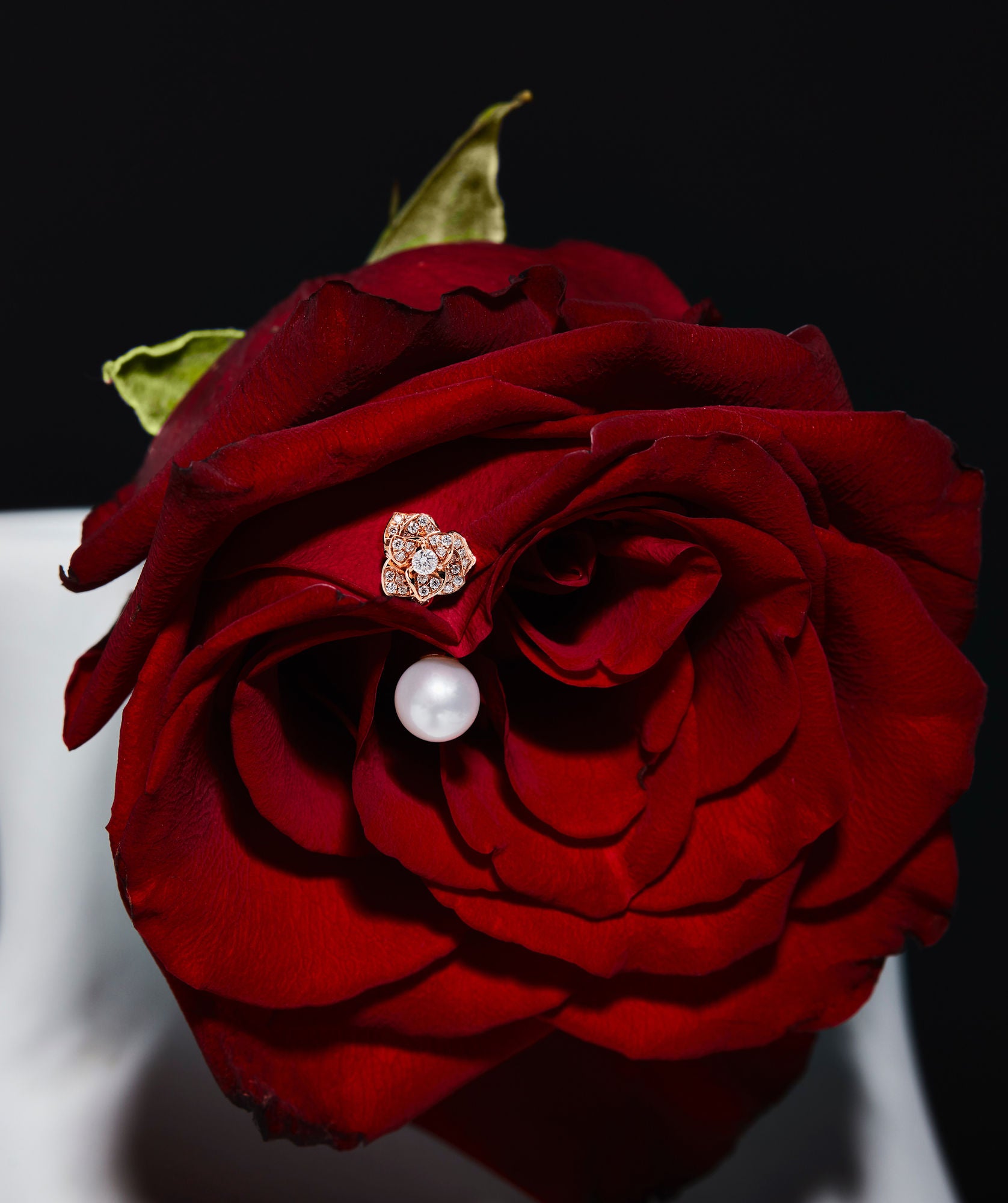 Enchanted Rose 14K Guld Ørestikker m. Diamanter & Perle