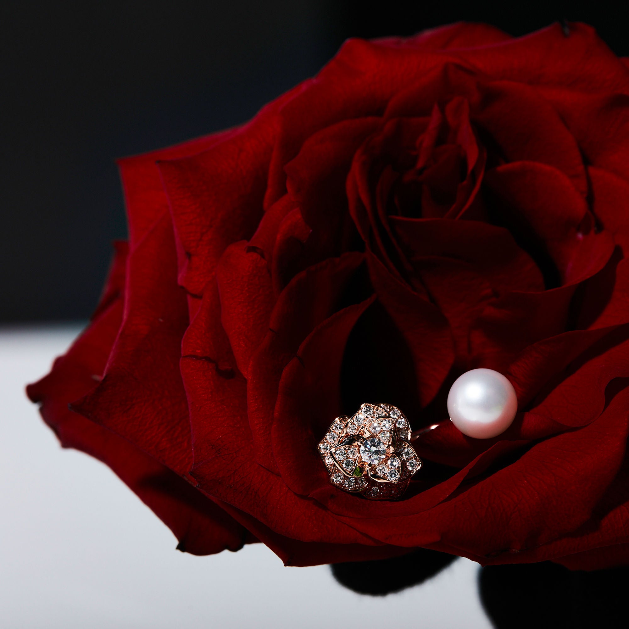 Enchanted Rose 14K Gold Earstud w. Diamonds & Pearl