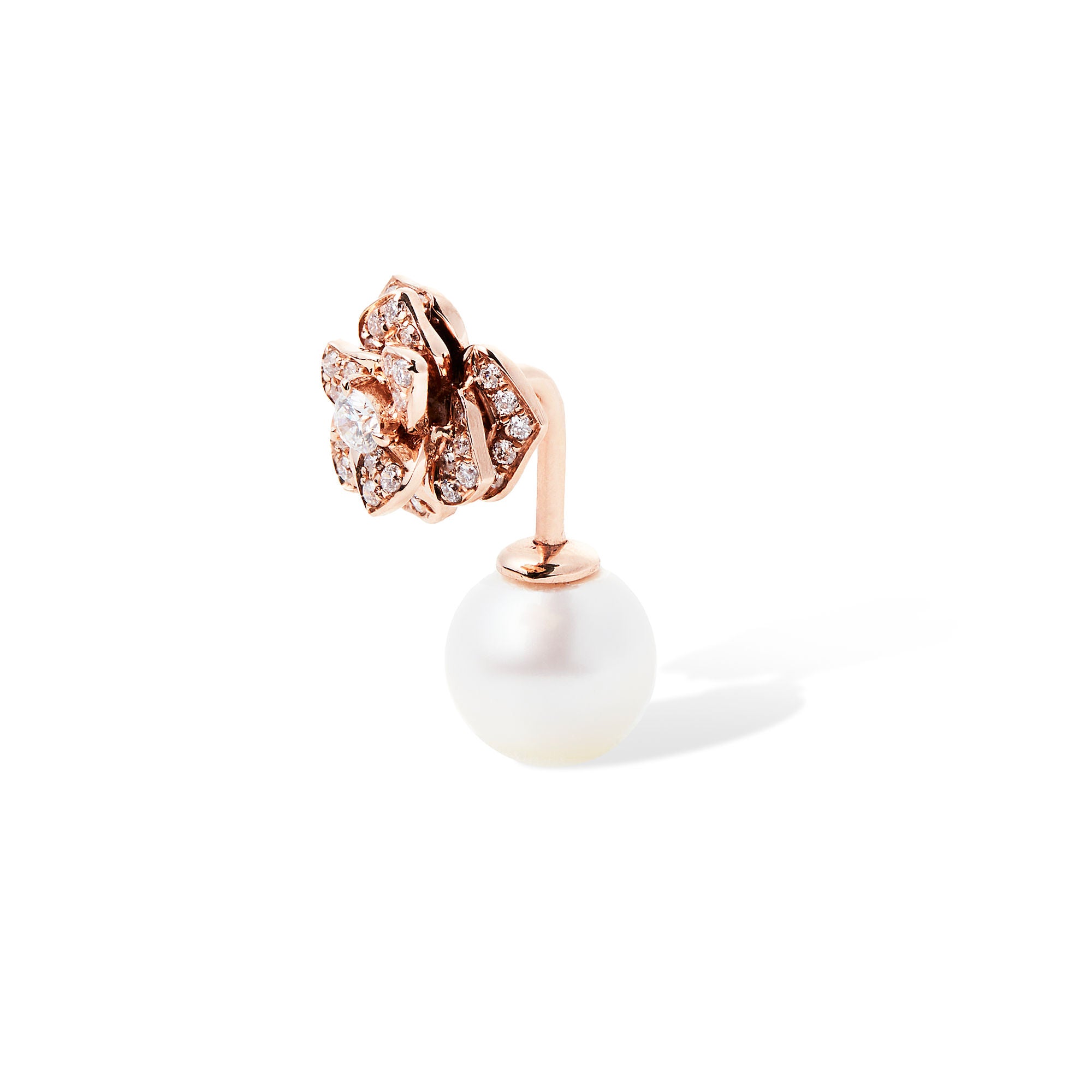 Enchanted Rose 14K Gold Earstud w. Diamonds & Pearl