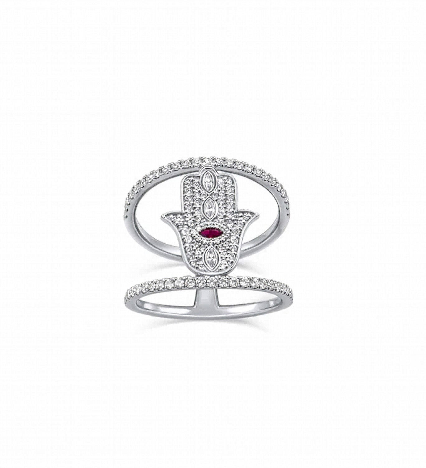 Lucky Hand 14K Gold Ring w. Diamonds & Ruby