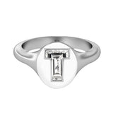 Alphabet 18K Whitegold Initial T Signet Ring w. Solitaire Lab-Grown Diamond