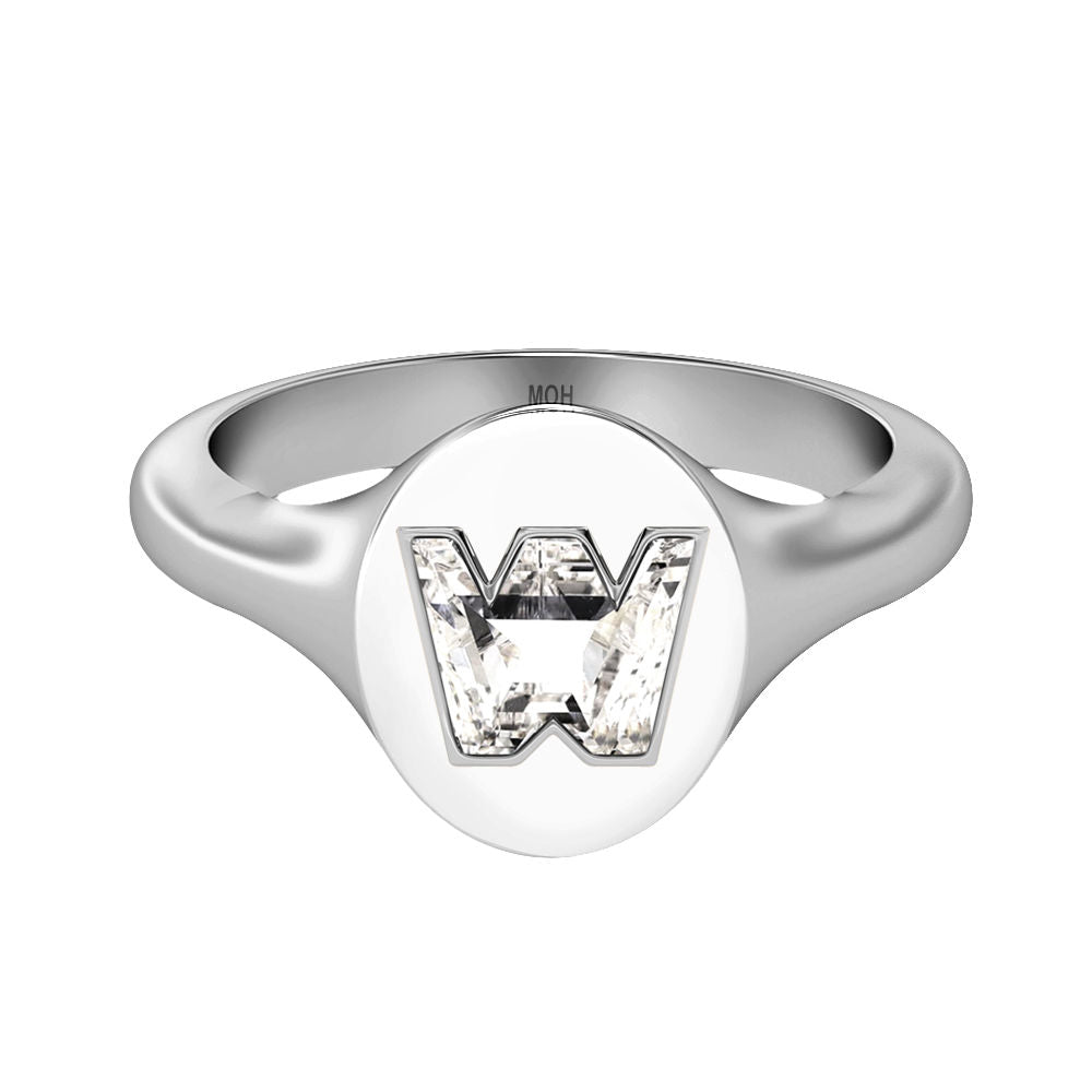 Alphabet 18K Whitegold Initial W Signet Ring w. Solitaire Lab-Grown Diamond