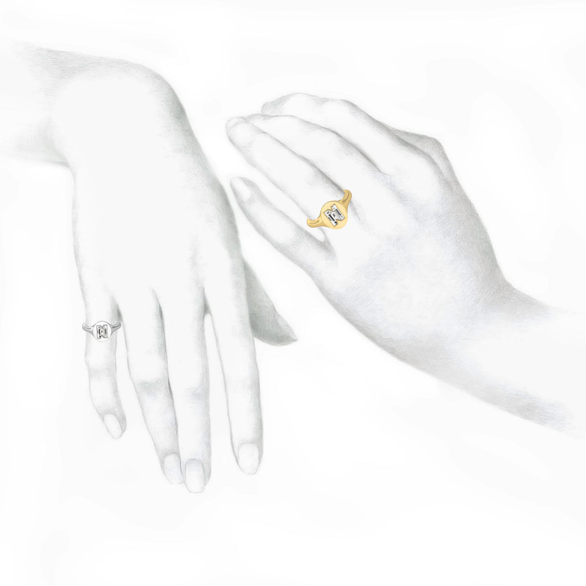 Alphabet 18K Gold Initial N Signet Ring w. Solitaire Lab-Grown Diamond