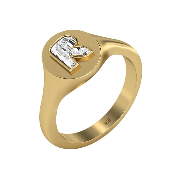 Alphabet 18K Gold Initial R Signet Ring w. Solitaire Lab-Grown Diamond