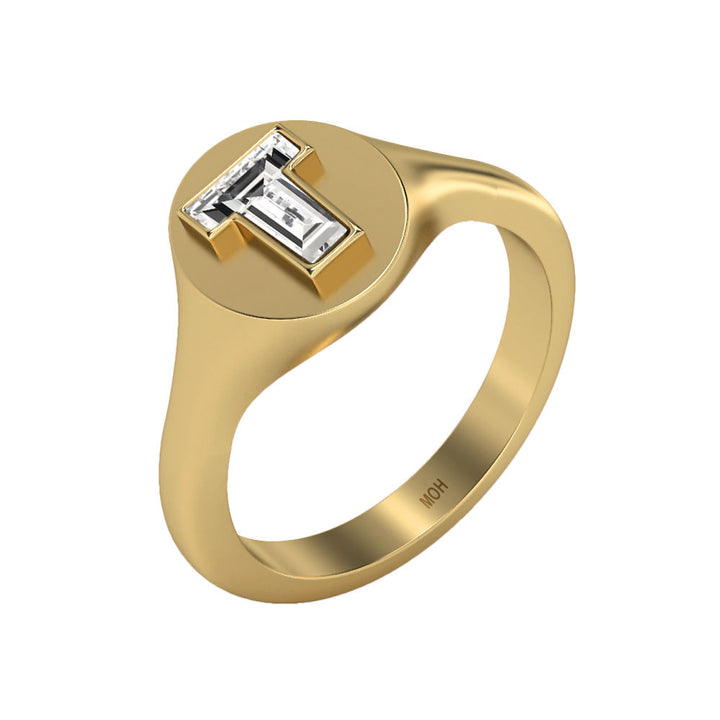 Alphabet 18K Gold Initial T Signet Ring w. Solitaire Lab-Grown Diamond
