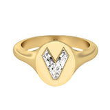 Alphabet 18K Gold Initial V Signet Ring w. Solitaire Lab-Grown Diamond