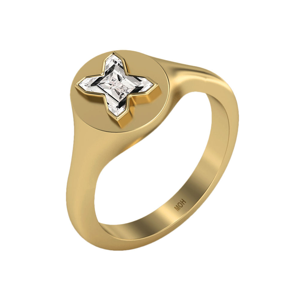 Alphabet 18K Gold Initial X Signet Ring w. Solitaire Lab-Grown Diamond