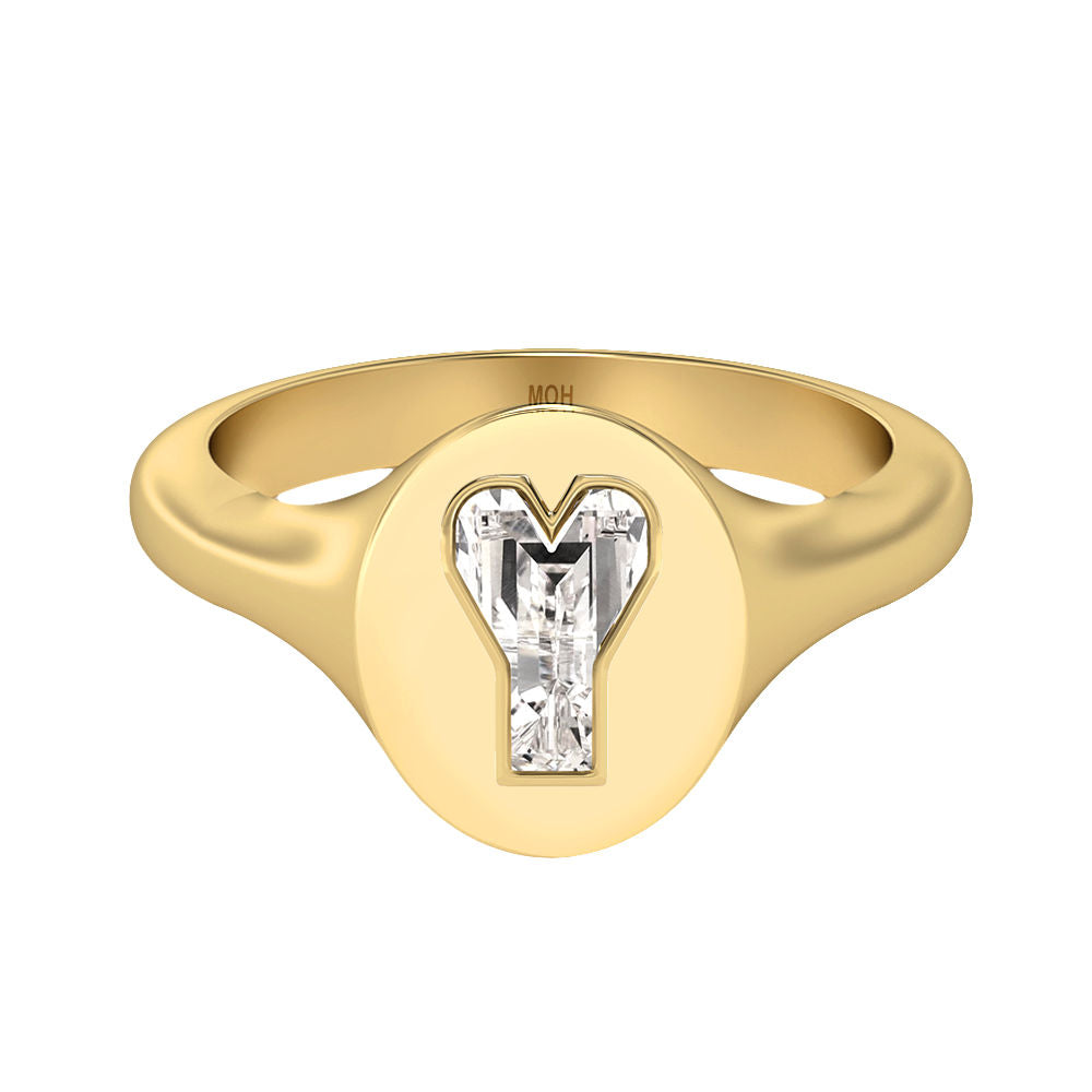 Alphabet 18K Gold Initial Y Signet Ring w. Solitaire Lab-Grown Diamond