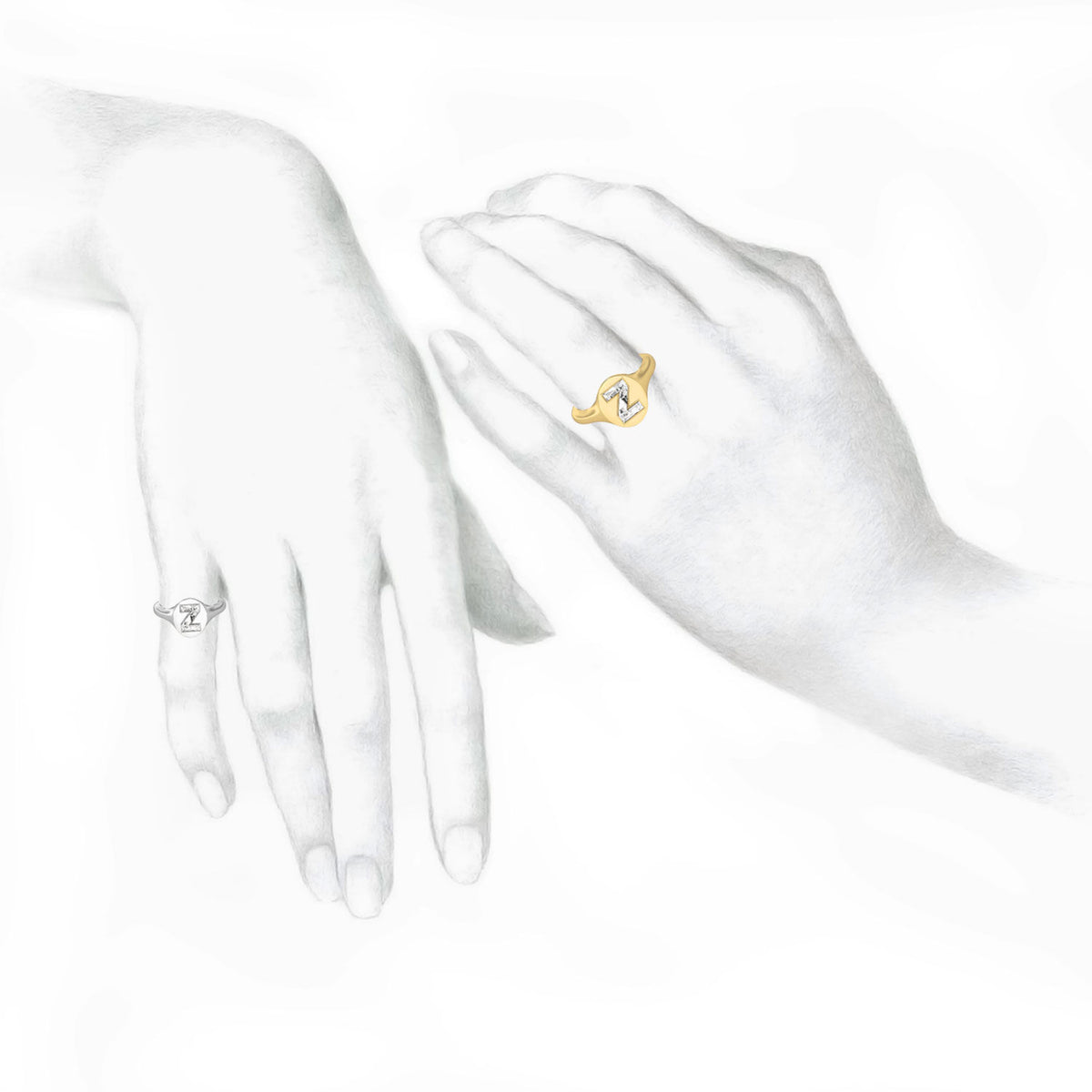 Alphabet 18K Whitegold Initial Z Signet Ring w. Solitaire Lab-Grown Diamond