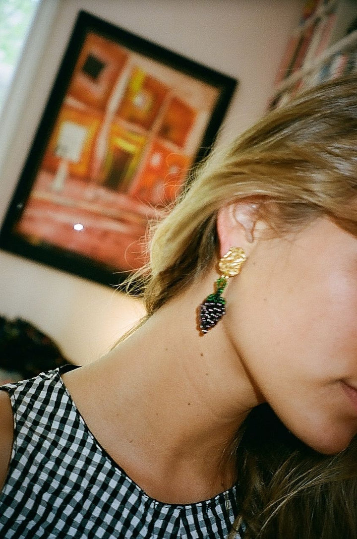 Grape Blob Earring Gold Plated, Red and Purple Beads