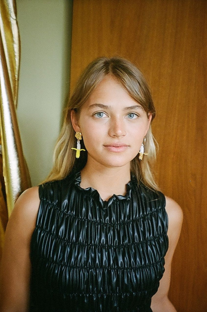 Banana Blob Earring Gold Plated, Yellow and White Beads