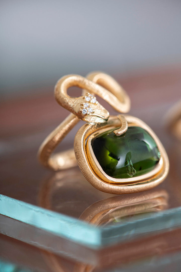 Snakes Petite 18K Gold Ring w. Diamonds & Tourmaline