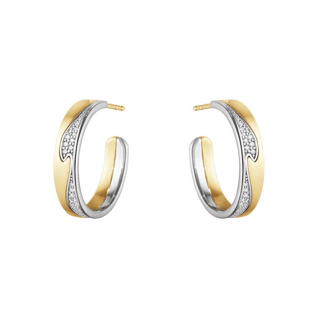 Large Fusion 18K Gold & White Gold Earrings w. Diamonds 0.21 ct