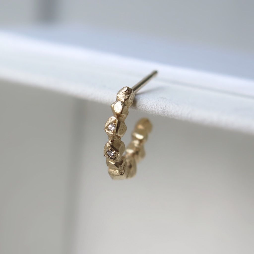 Small Nugget Huggie Hoop Gold, White Diamonds