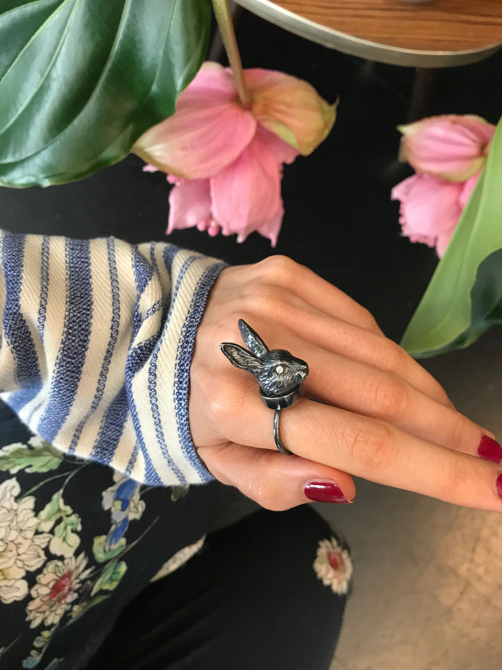 The Big Moon Rabbit Silver Ring w. Diamonds