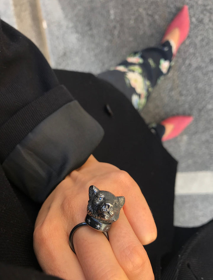 The big Tiger Silver Ring w. Diamonds