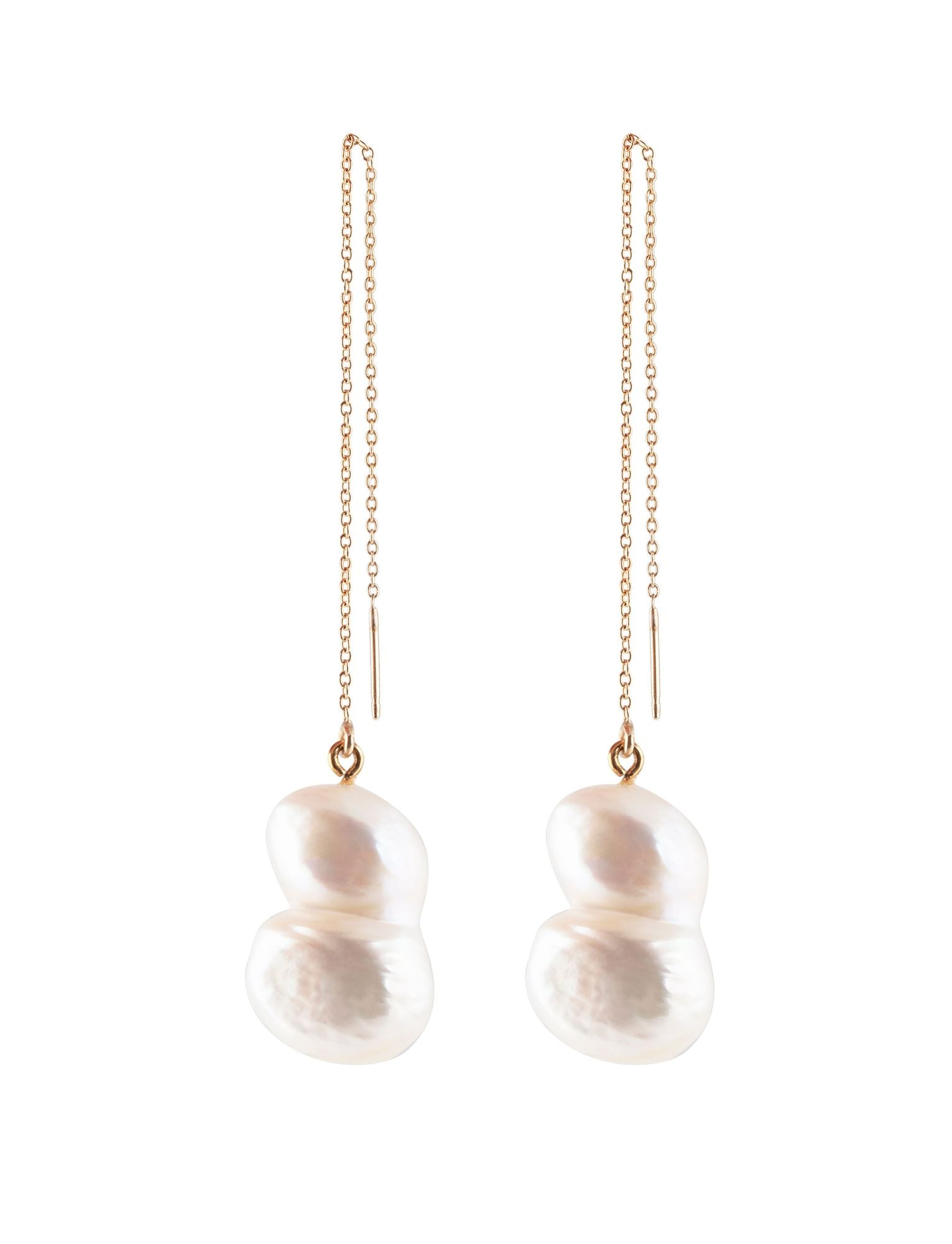 Twin Pearl Chain Gold Plated Earrings w. Pearl
