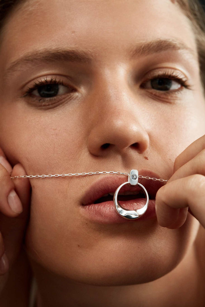 Crystal Cubism Silver Necklace w. Blue Nano Gemstone