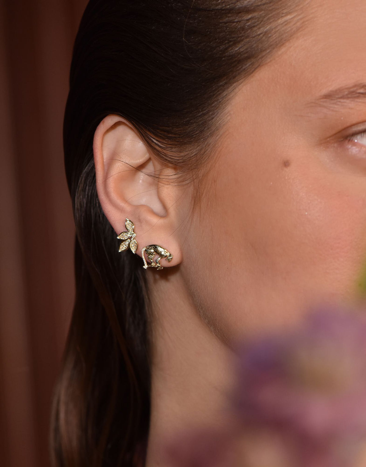 Leopard Single 14K Gold Stud w. Diamonds