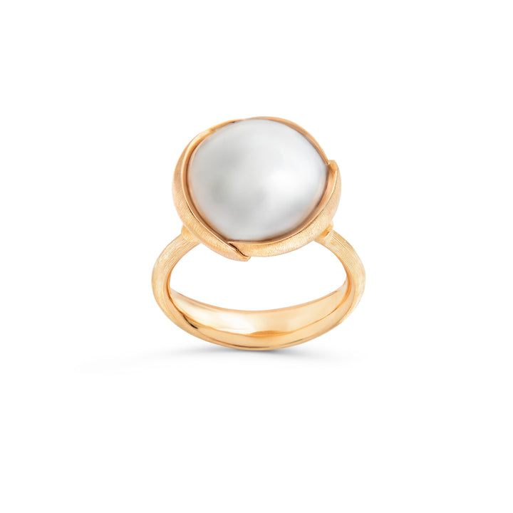Stor Lotus 18K Guld Ring m. Perle
