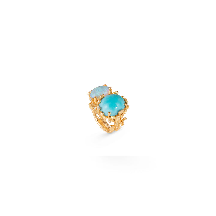 BoHo doppelter Goldring aus 18K I Diamant, Opal & Türkis
