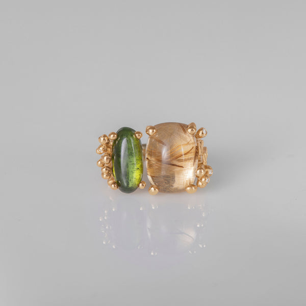 BoHo Double 18K Gold Ring w. Diamond, Turquoise & Rutile Quartz