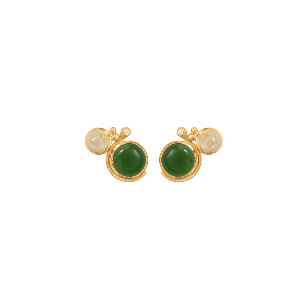 Lotus 18K Gold Studs w. Rutile Quartz, Serpentin & Diamond