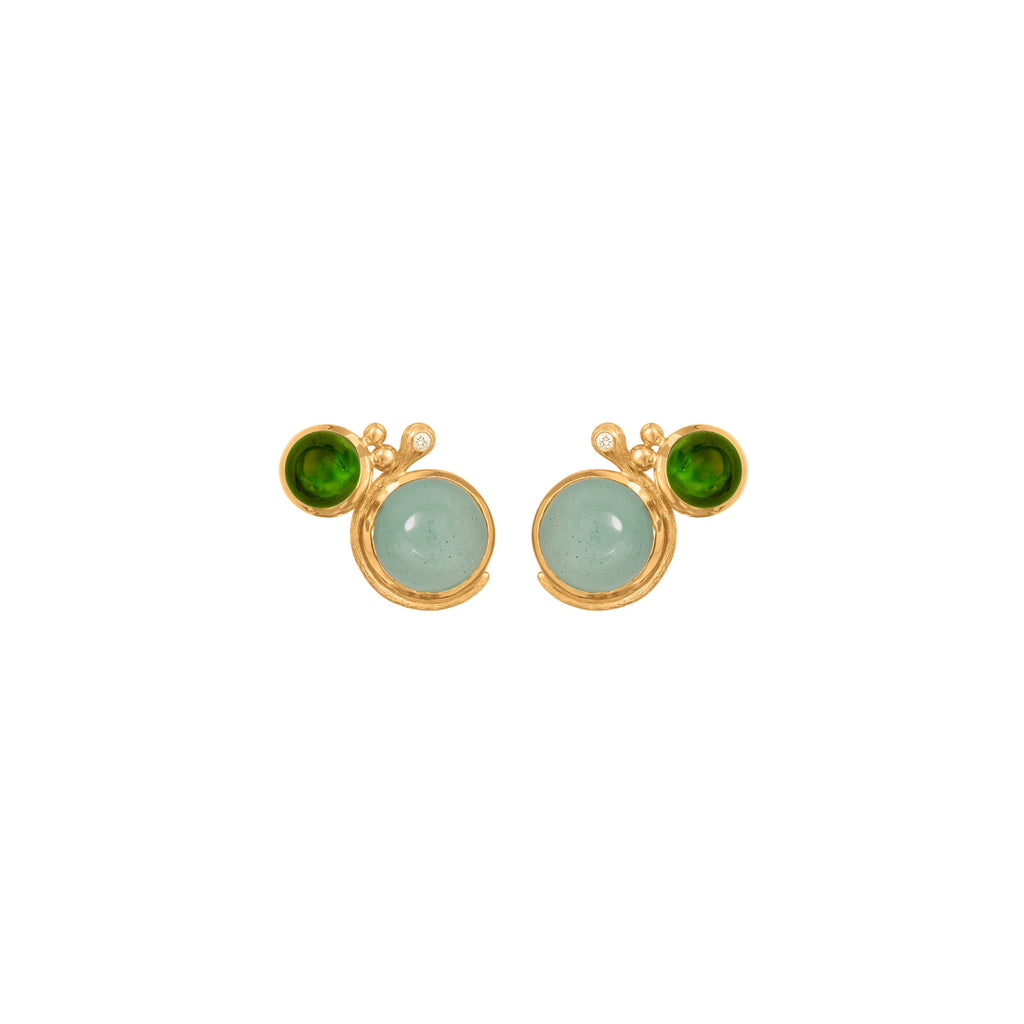 Lotus 18K Gold Studs w. Aquamarine, Tourmaline & Diamond
