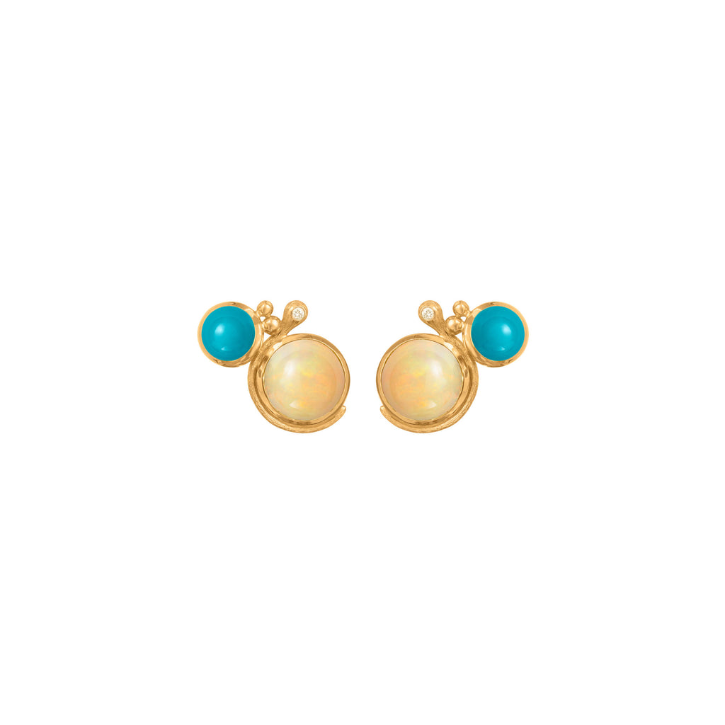 Lotus 18K Gold Studs w. Turquoise, Opal & Diamond