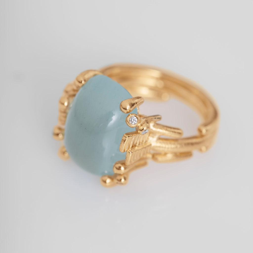 BoHo Medium 18K Guld Ring m. Diamanter & Akvamarin