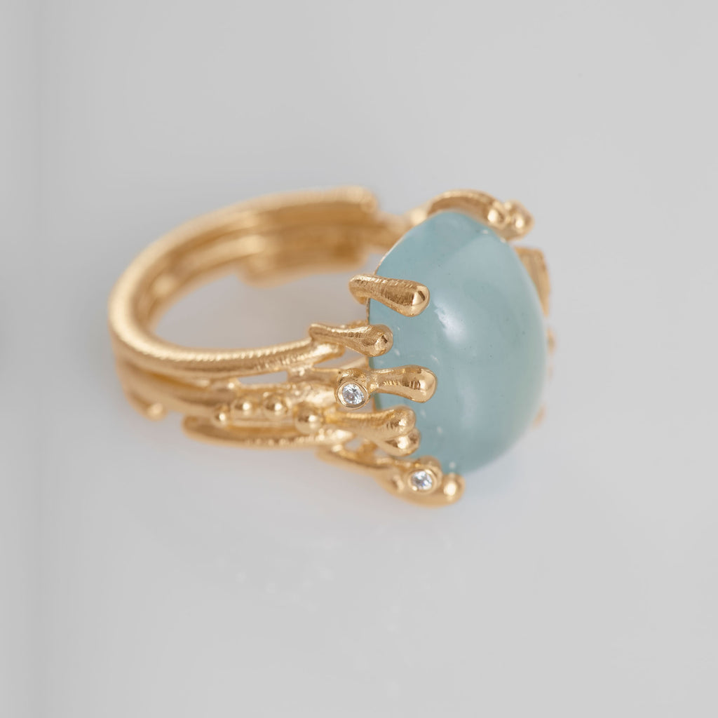 BoHo Medium 18K Guld Ring m. Diamanter & Akvamarin