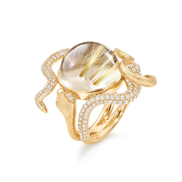 Snakes Pavé 18K Gold Ring w. Quartz & Diamonds