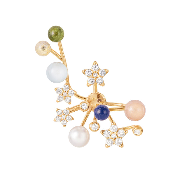 Shooting stars 18K Gold Earring-pendant w. Diamond, Tourmaline, Rutile Quartz, Aquamarine, Pearl, Lapis