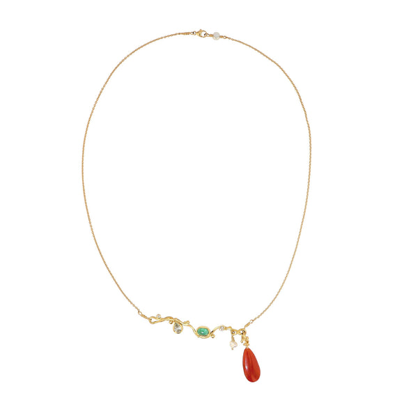 Seafire 18K, 22K & 24K Gold Necklace w. Diamonds, Corals & Emerald