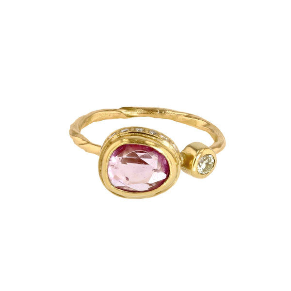 Cocktail 18K & 22K Gold Ring w. pink sapphire & Diamonds