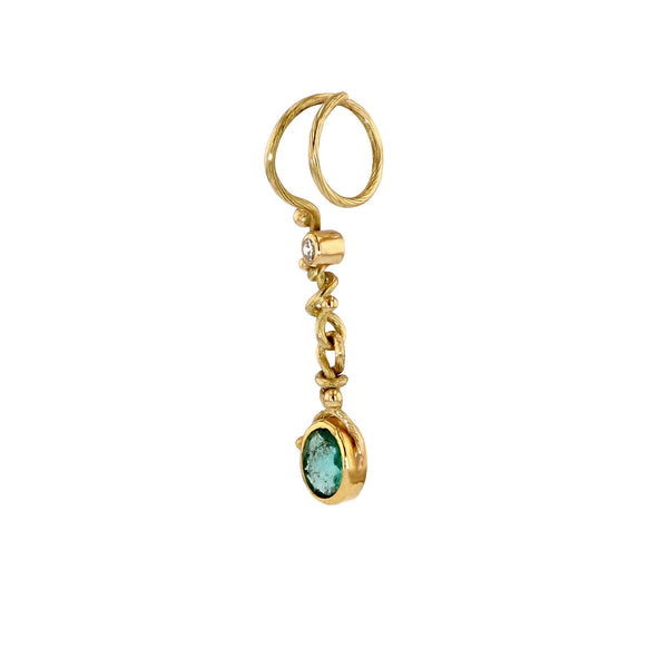 Spiral 18K & 22K Gold Earrings w. Emerald & Diamond