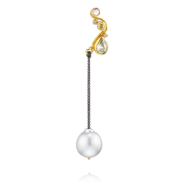 Seafire 18K Gold & Silver Earring w. Diamonds & Pearls