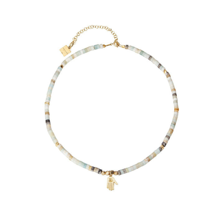 Pukar Fatima Hand 18K Gold Plated Necklace w. Amazonite
