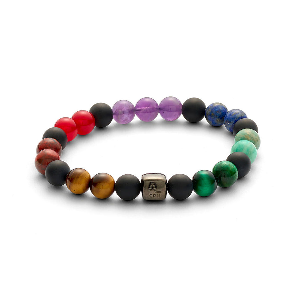 ColorUp Chakra (8mm) Silver Bracelet w. Onyx, Tiger's Eye, Amethyst, & Amazonite