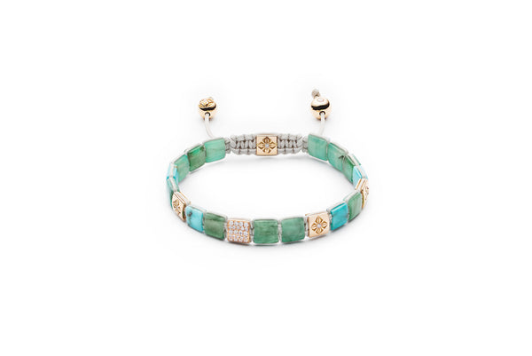 6mm Lock Dusty White 18K Gold Bracelet w. Diamond, Emerald & Turquoise