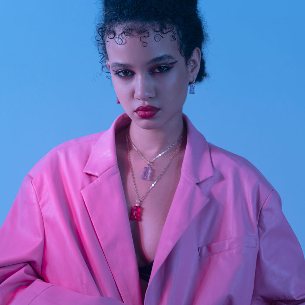 Cherry Gemmy Bear 18K Gold Necklace w. Diamonds & Crystal