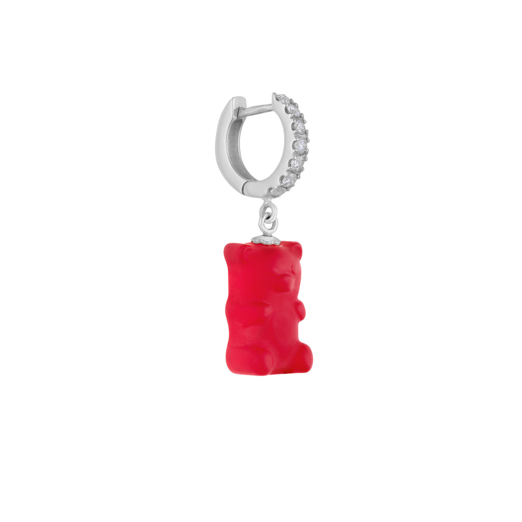 Cherry Gemmy Bear 18K Whitegold Huggie w. Diamonds & Crystal