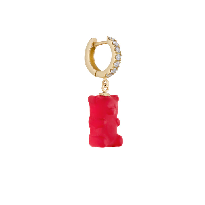 Cherry Gemmy Bear 18K Gold Huggie w. Diamonds & Crystal