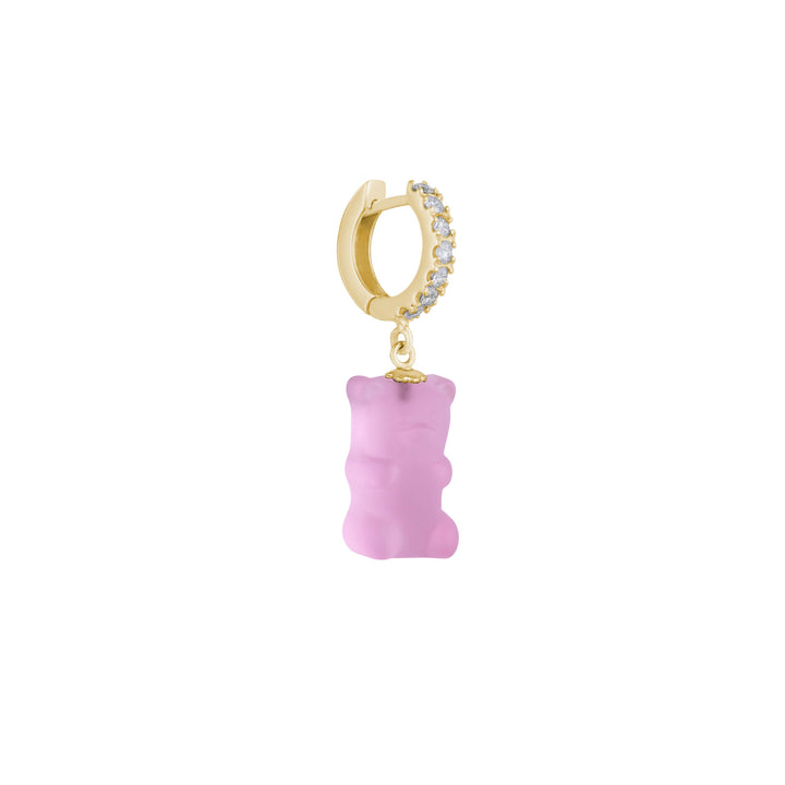 Grapefruit Gemmy Bear 18K Gold Huggie w. Diamonds & Crystal