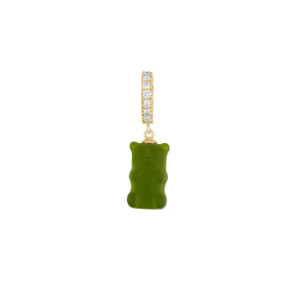 Kiwi Gemmy Bear 18K Gold Huggie w. Diamonds & Crystal