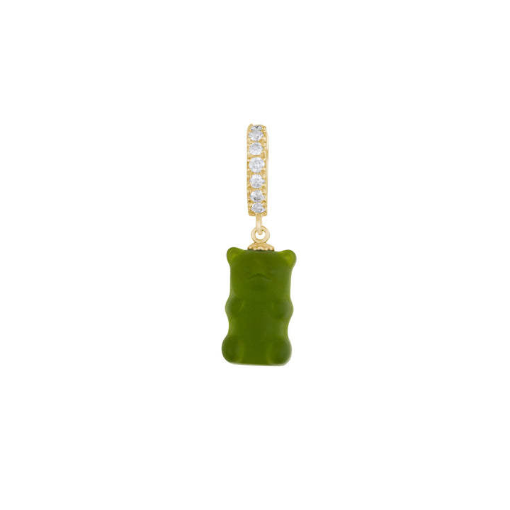 Kiwi Gemmy Bear 18K Gold Huggie w. Diamonds & Crystal