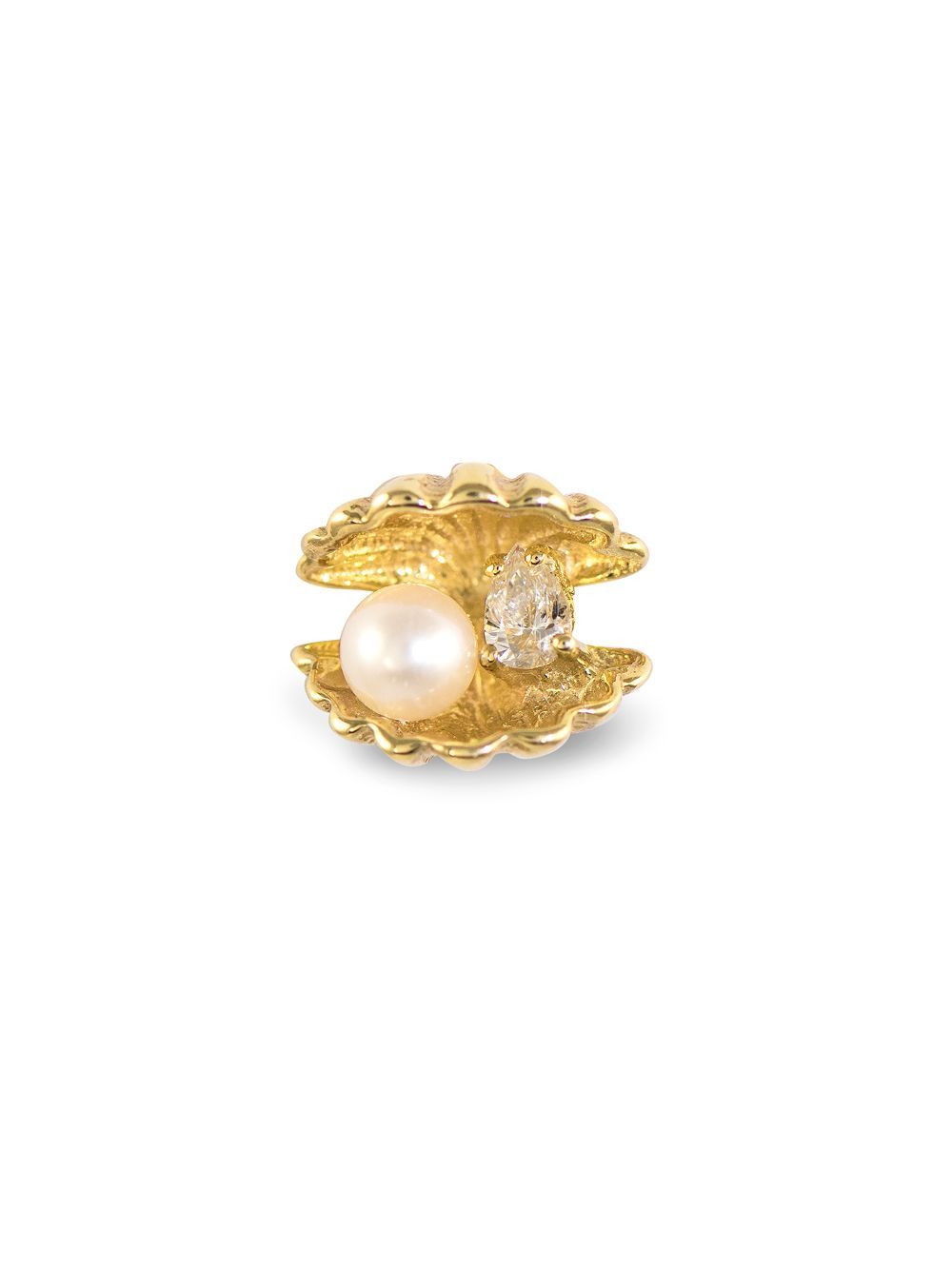 Venus Clam Single 14K Gold Stud w. Diamond & Pearl