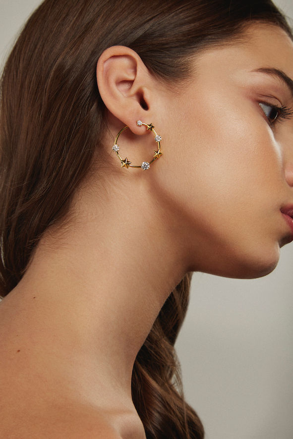 Star and Crystal Yellow Gold Plated Earrings w. Crystal